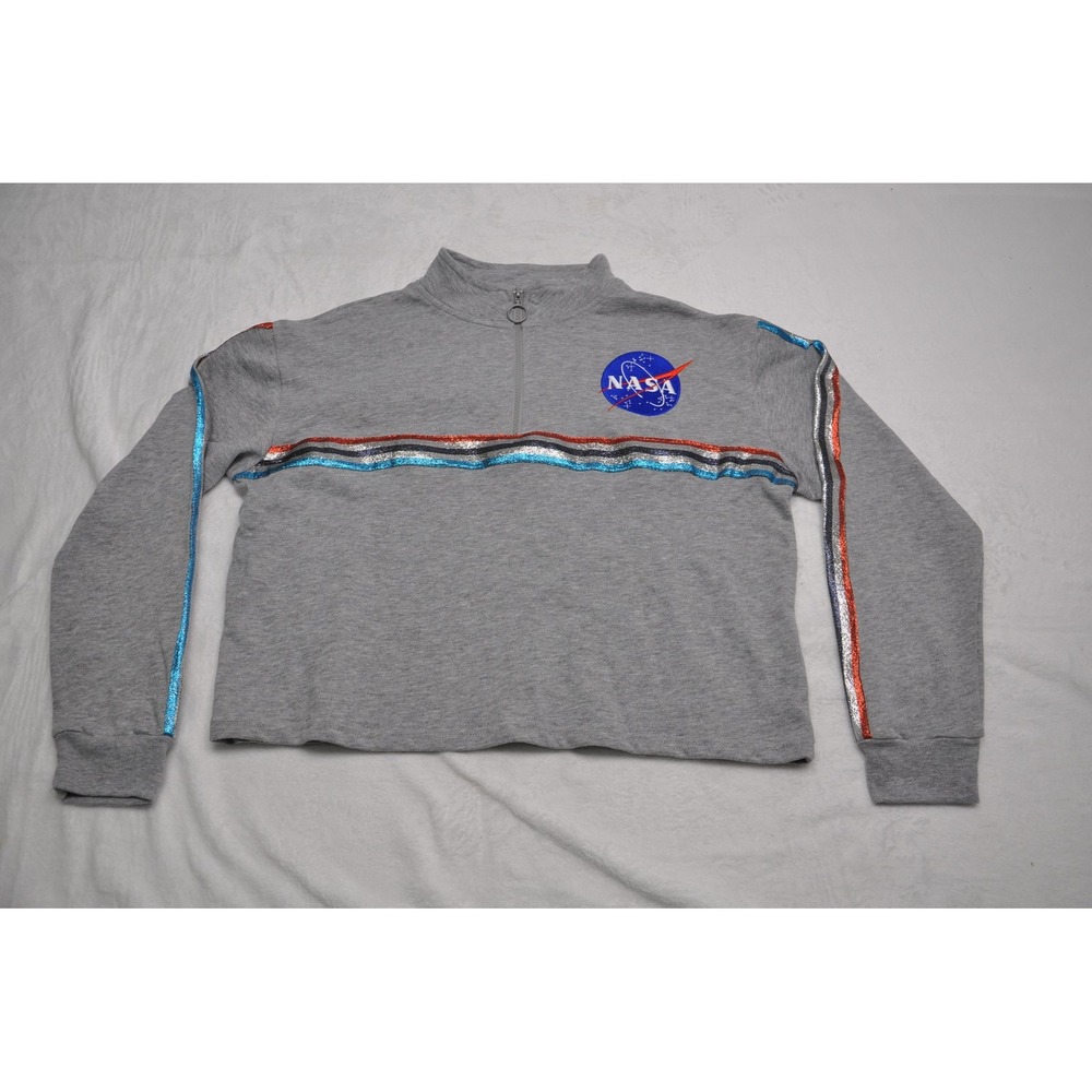 Freeze NASA Pullover Womens Large Gray Half Zip Metallic Stripe Logo Space Shirt